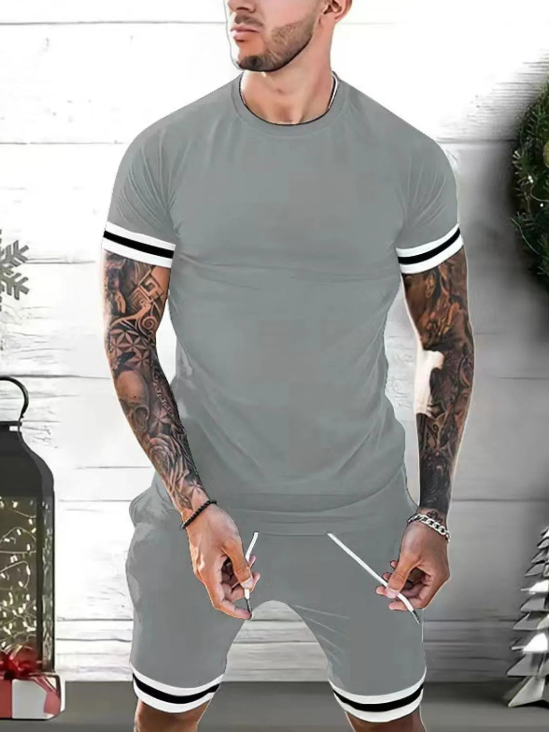 Men's Plus Size Round Neck Short Sleeve Top and Shorts Set - kinko