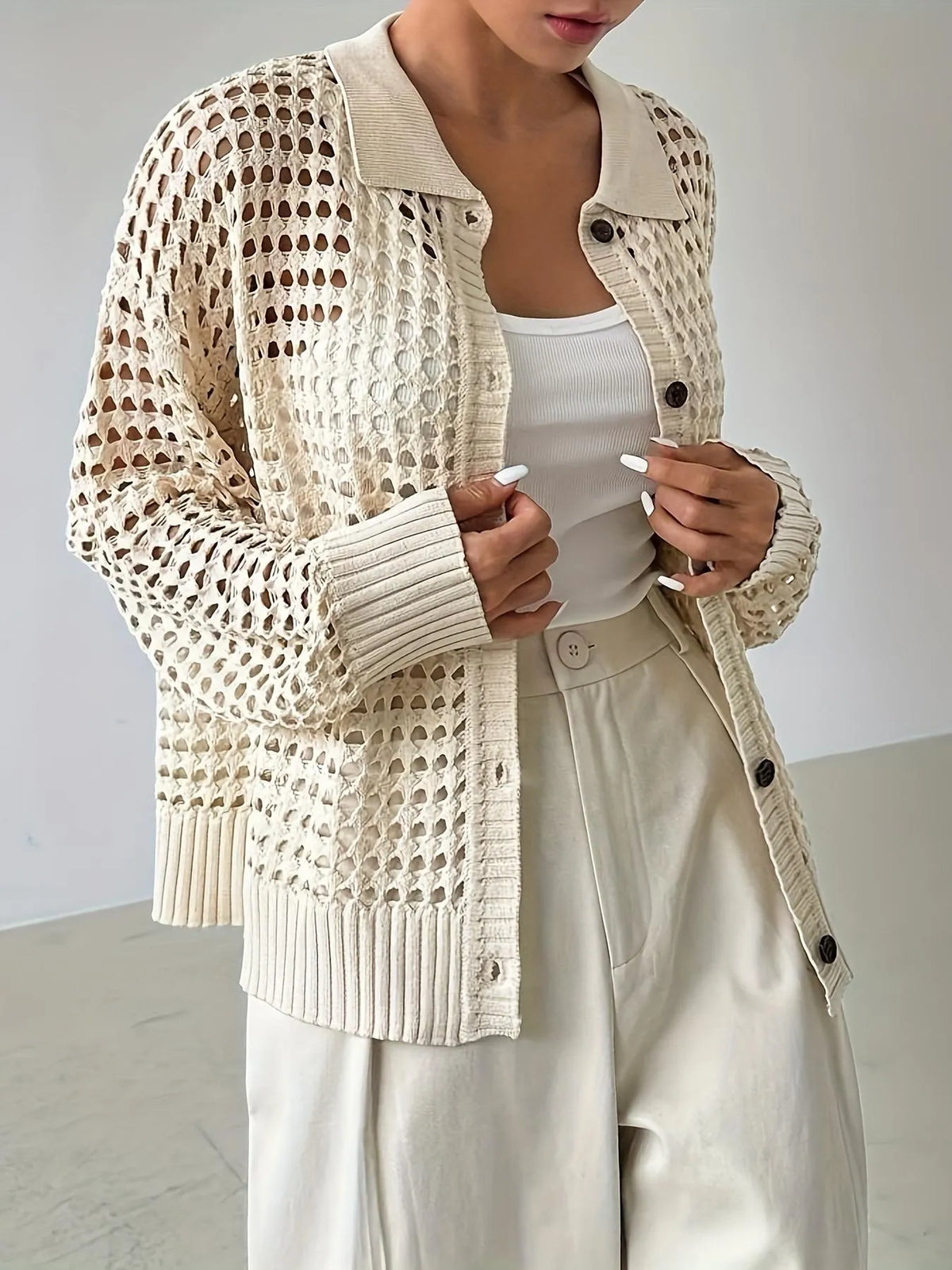 Hollow Out Knit Button Front Cardigan - kinko