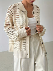 Hollow Out Knit Button Front Cardigan - kinko