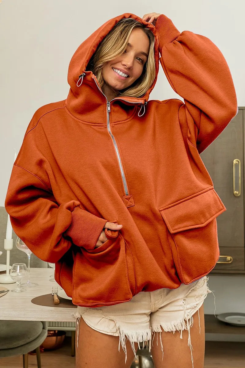 BiBi Half Zip Vintage Washed Fleece Hoodie - kinko
