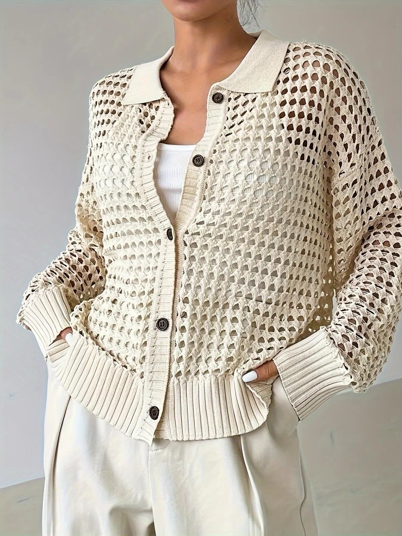 Hollow Out Knit Button Front Cardigan - kinko