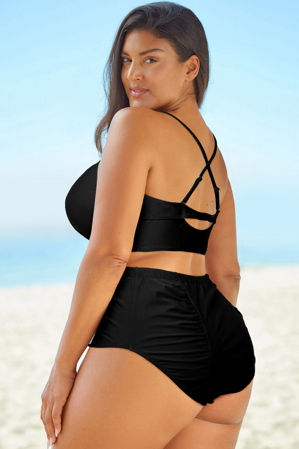 Full Size Halter Neck Crisscross Ruched Two-Piece Swimsuit - kinko