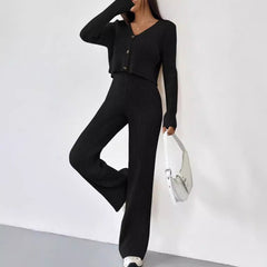 Solid Color Knitted Two-piece Women's V-neck Short Knitted Cardigan Bootcut Trousers Versatile Casual Women's Clothing - kinko