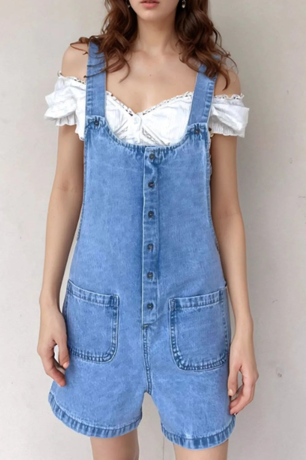 Button Front Denim Overall Shorts with Front Pockets - kinko