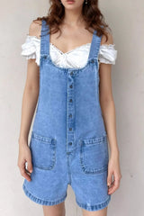 Button Front Denim Overall Shorts with Front Pockets - kinko