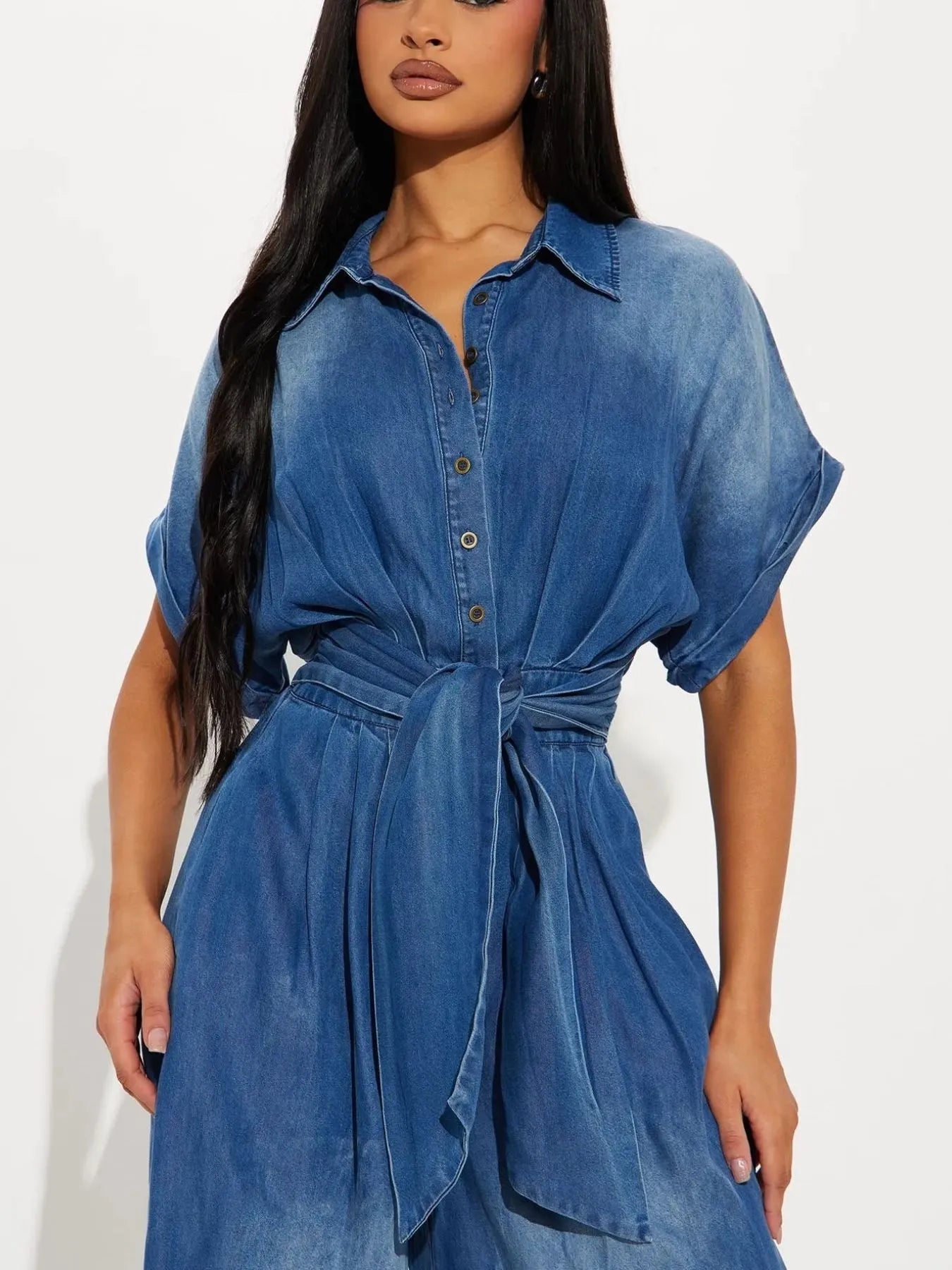 Button Front Wide Leg Denim Jumpsuit - kinko