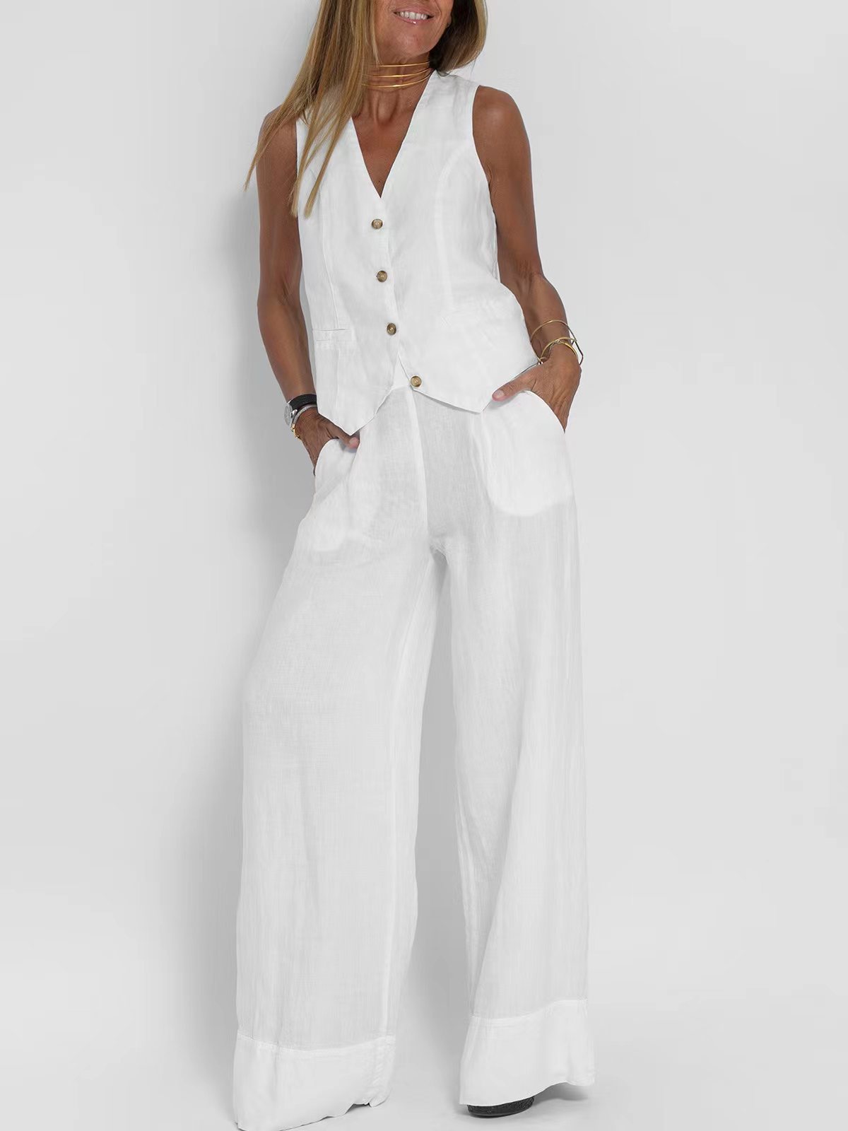 Hot Selling New Trendy Patchwork Vest & Pants Set - Breathable Linen Casual Outfit - kinko