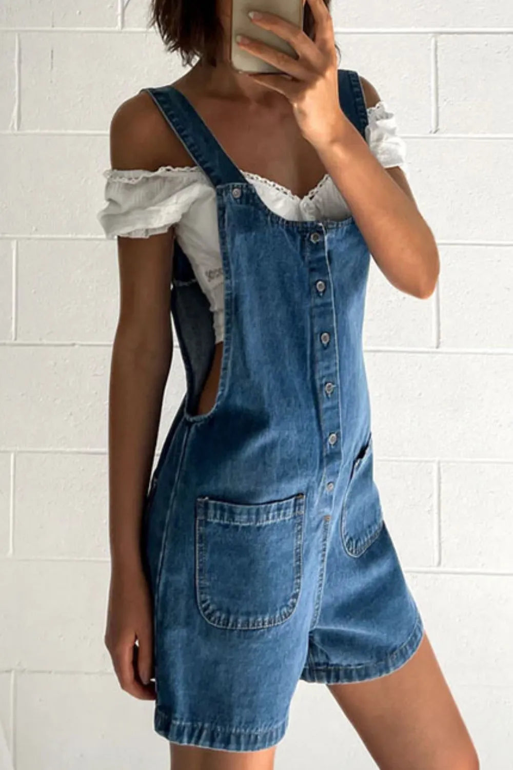 Button Front Denim Overall Shorts with Front Pockets - kinko