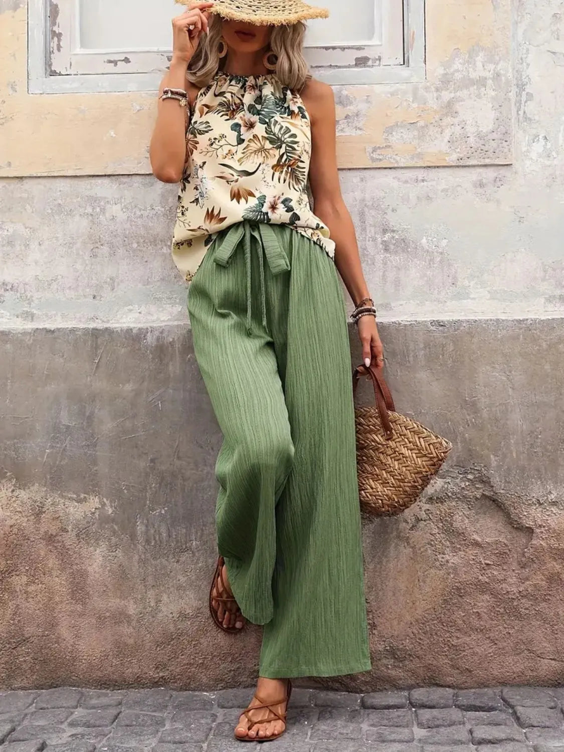 Printed Tank Top and Wide Leg Pants Set - kinko