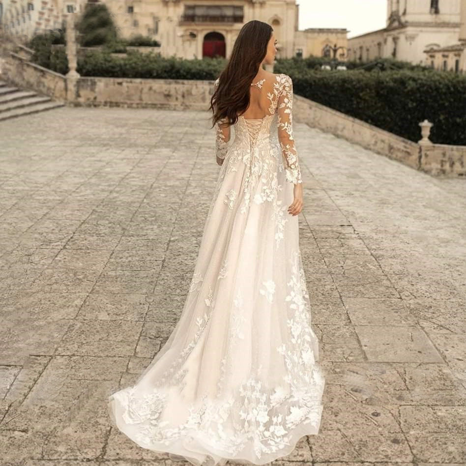Long Sleeve Wedding Dress Mori Style Bridal Simple Round Neck - kinko