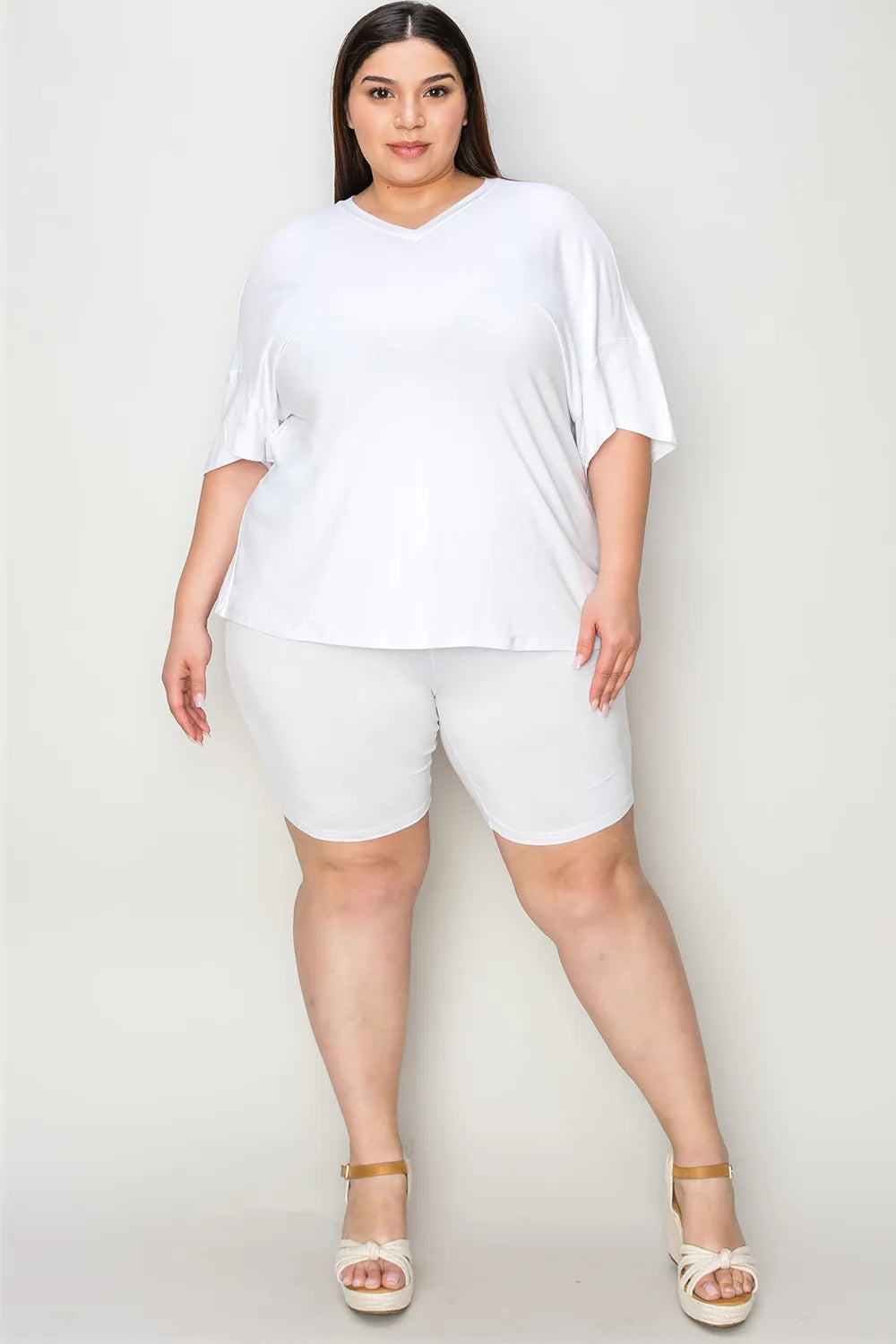 Basic Bae Bamboo Full Size V-Neck Drop Shoulder T-Shirt and Shorts Set - kinko