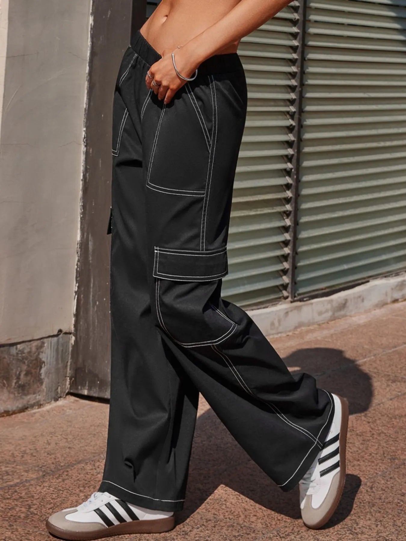 Wide Leg Pants with Contrast Stitching - kinko