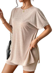 Slit Round Neck Short Sleeve Oversized Top and Shorts Set - kinko