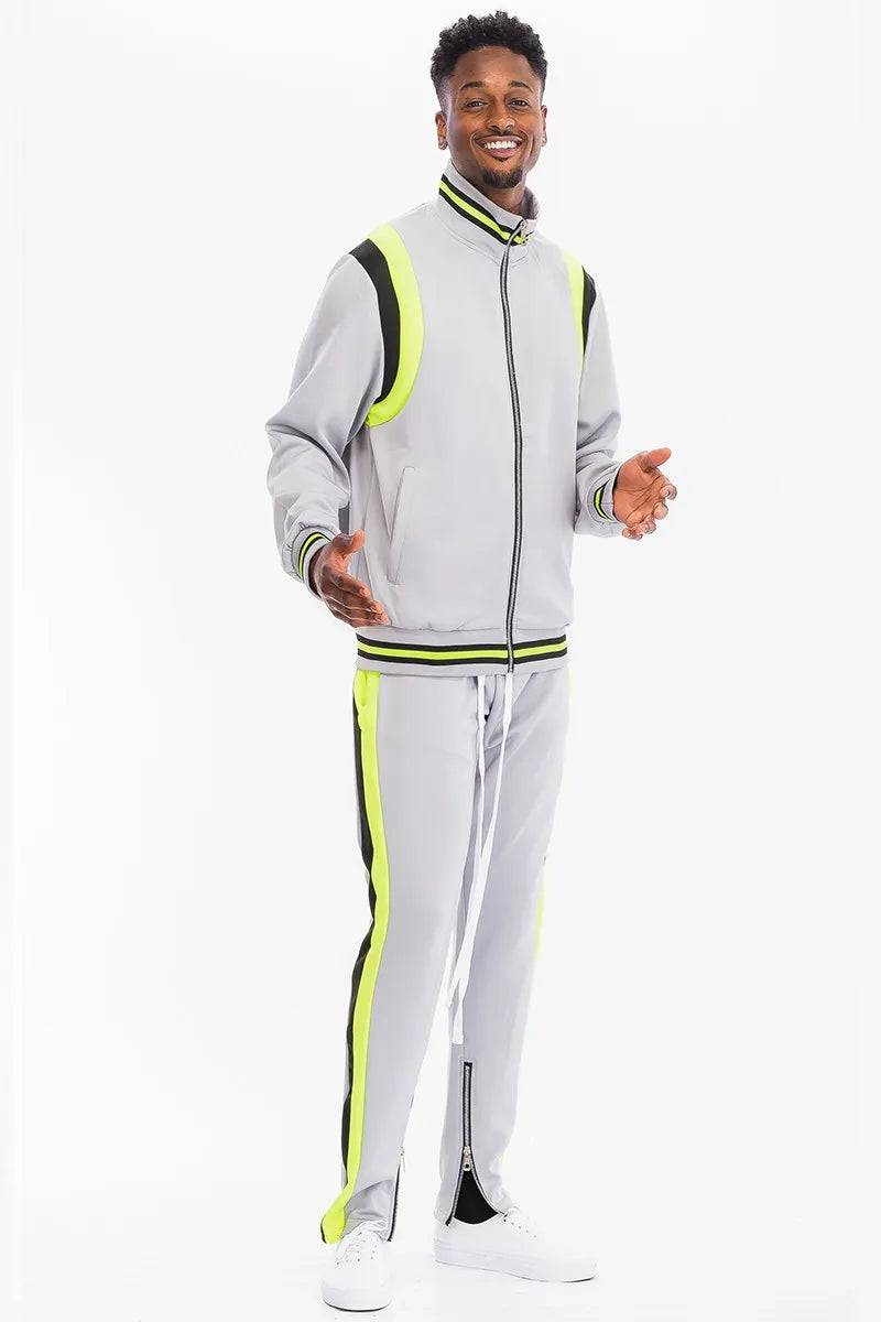 WEIV Men's Full Size Two Stripe Track Jacket and Pants Set Plus Size - kinko