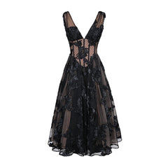 Black Deep V-neck Mesh A- Line High-end Evening Dress - kinko