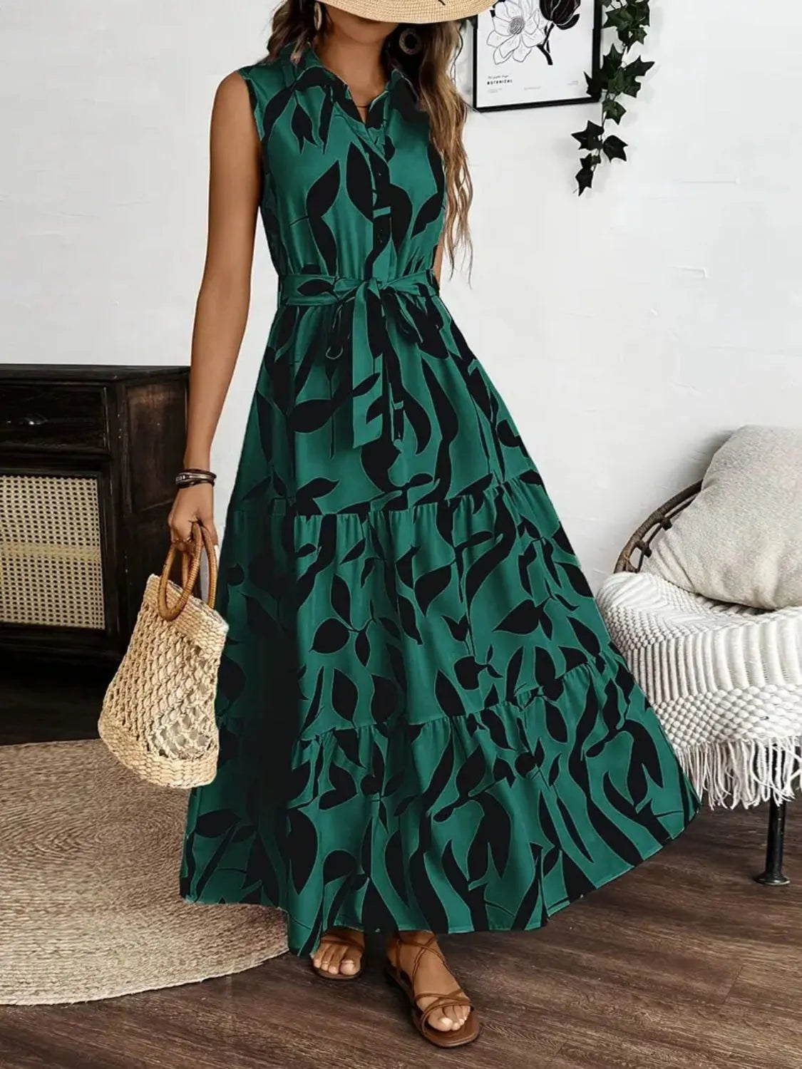 Printed Tie Waist Sleeveless Maxi Dress - kinko