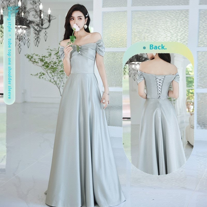 2024 Avocado Green Sisters Group Dress Skirt Women Satin Spring - kinko