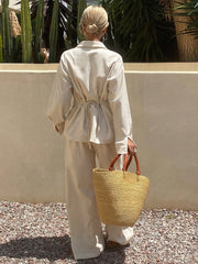 Women's Summer Solid Color Pleated Shirt And Wide Leg Pants - kinko