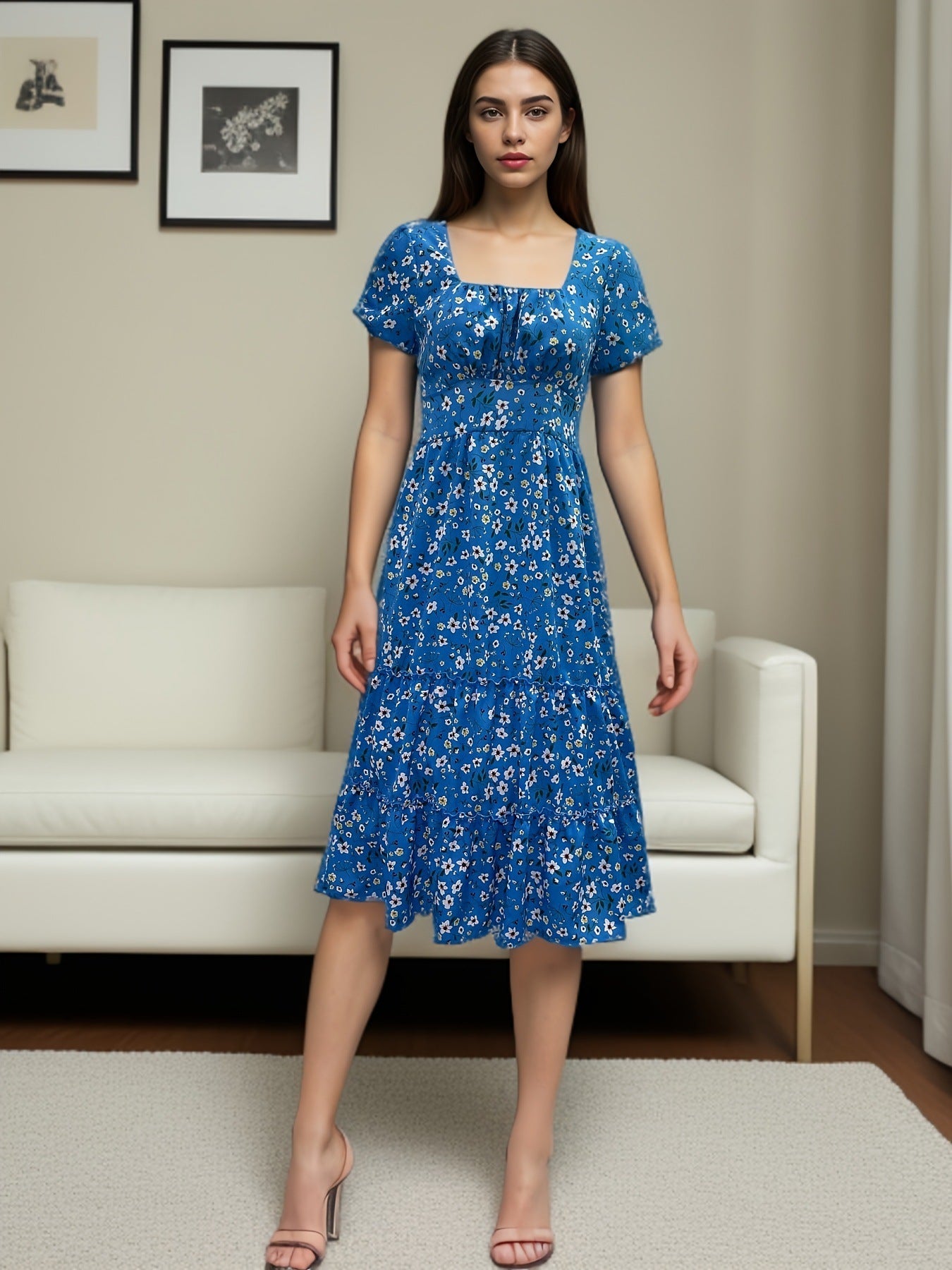 Square Collar Short Sleeve Dress Summer Puff Floral Printed Dress Long Dresses - kinko