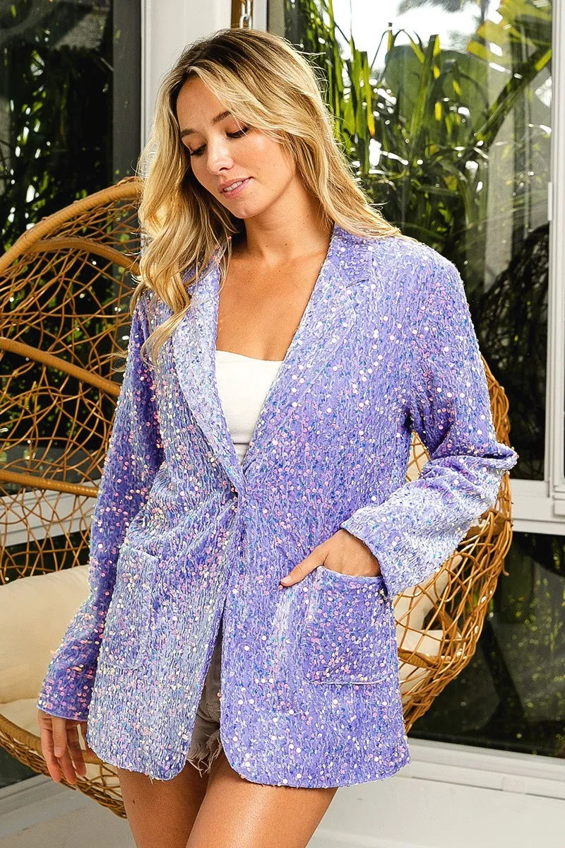 BiBi Velvet Sequins Patch Pockets Single Blazer - kinko
