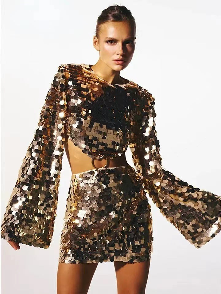 Sweet And Spicy Women's Long Sleeve Round Neck Sexy Large Sequined Evening Dress - kinko
