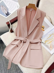 Tie Waist Lapel Collar Sleeveless Blazer - kinko