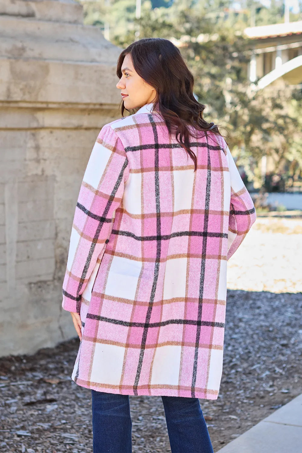 Double Take Full Size Plaid Button Up Lapel Collar Coat - kinko