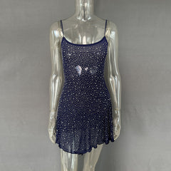 Trendy Rhinestone Sheer Party Dress - Women's Sexy Mini - kinko