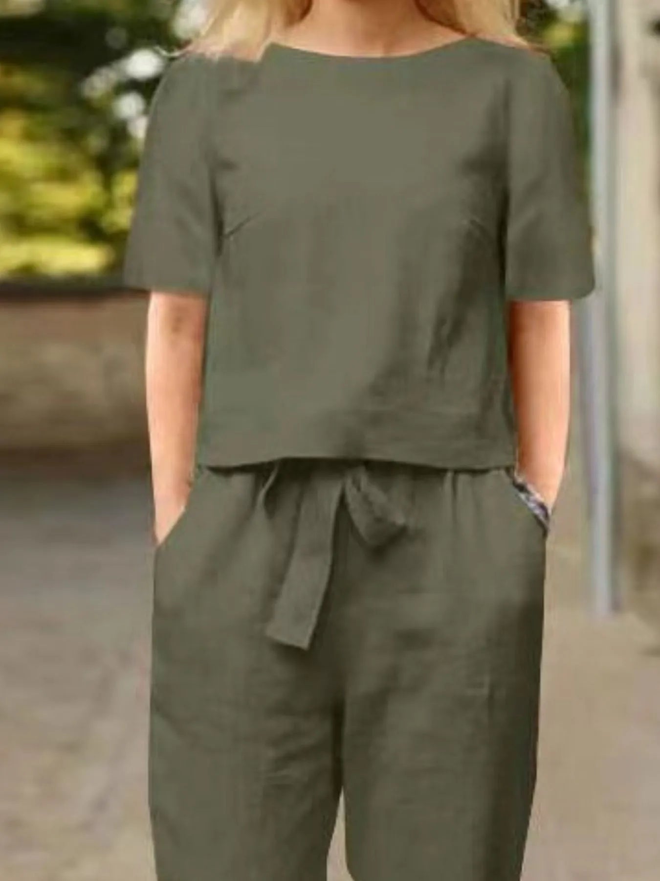 Full Size Round Neck Short Sleeve Top and Pants Set Plus Size - kinko
