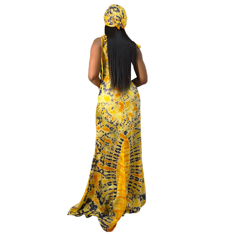 Women's Fashionable Printed Suspenders Slim Fit Long Dress Long Dress Scarf - kinko