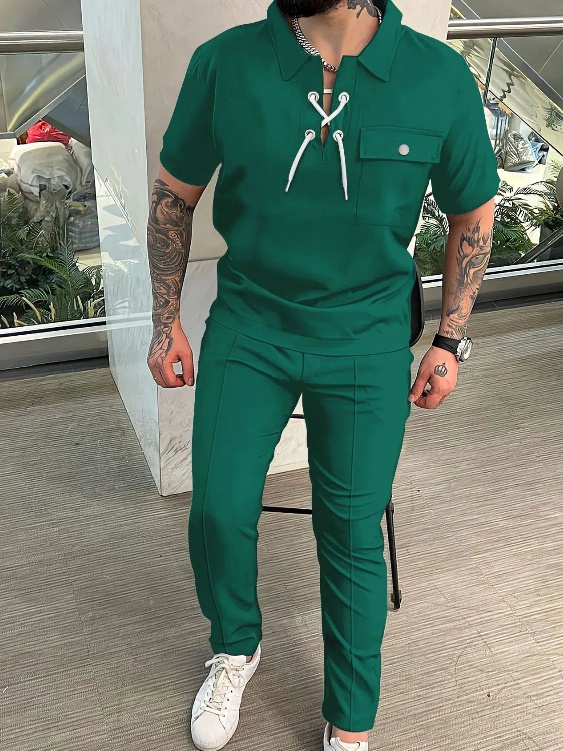 Men's Full Size Lace Up Short Sleeve Top and Pants Plus Size - kinko
