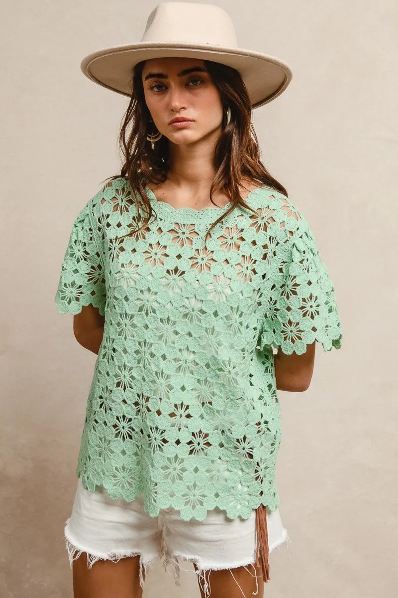 BiBi Openwork Crochet Short Sleeve Knit Top - kinko