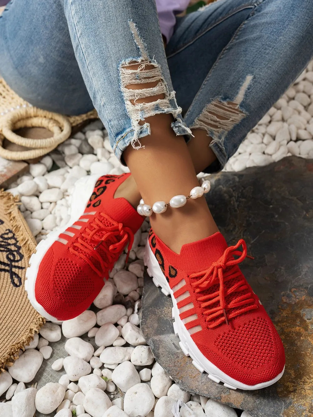 Cutout Leopard Lace Up Mesh Athletic - kinko