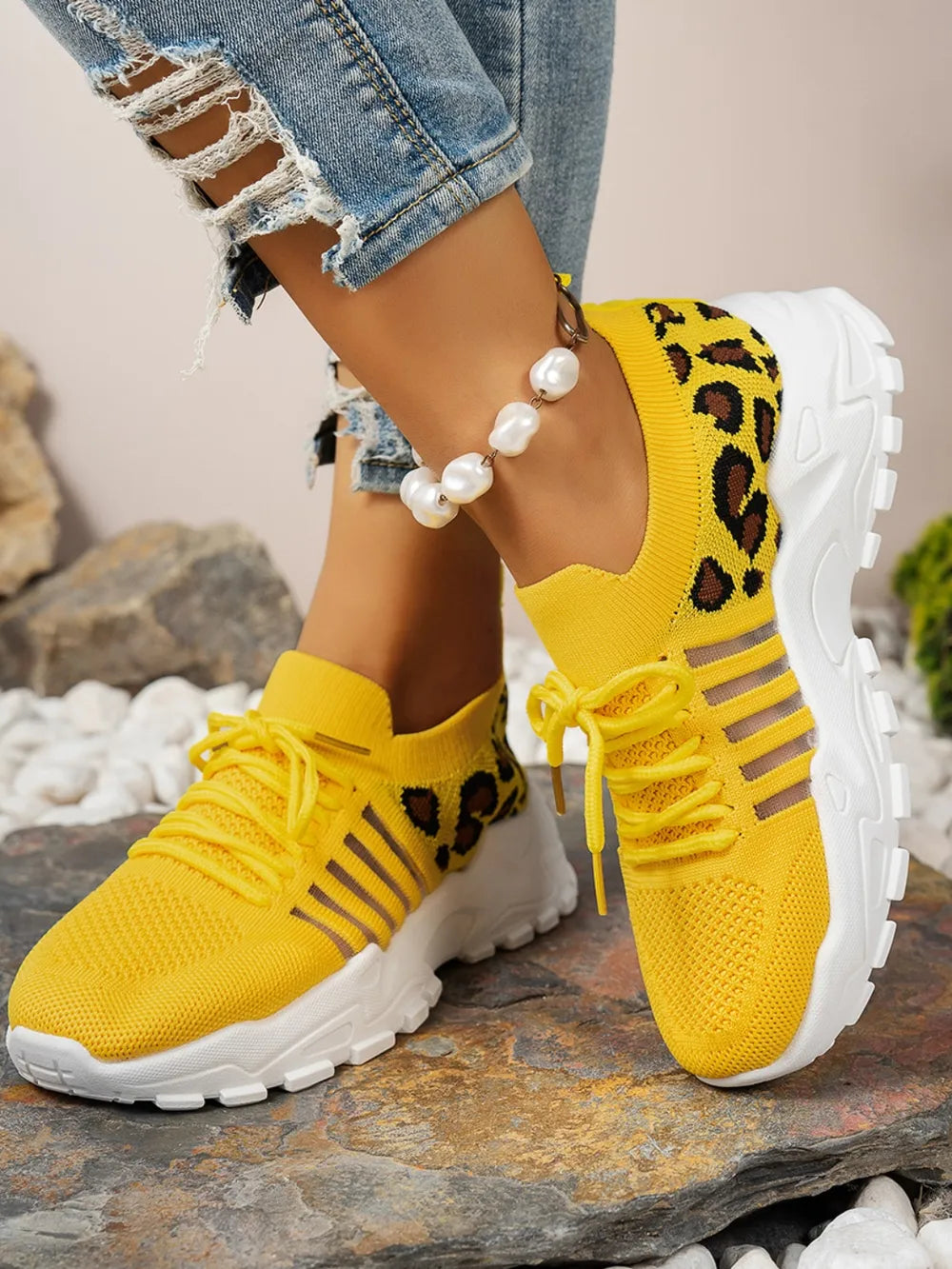 Cutout Leopard Lace Up Mesh Athletic - kinko