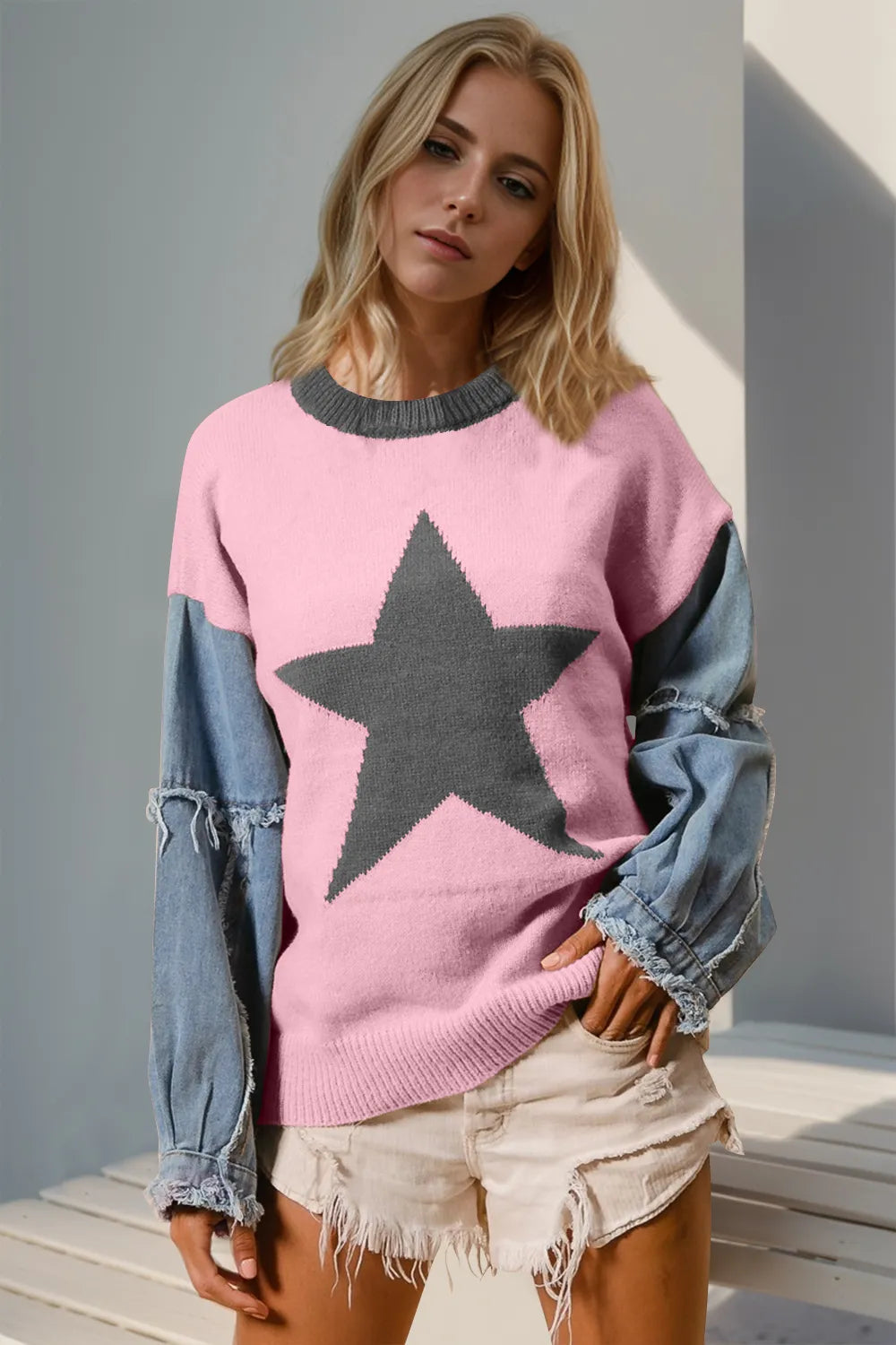 Double Take Full Size Star Pattern Raw Edge Long Sleeve Sweater - kinko