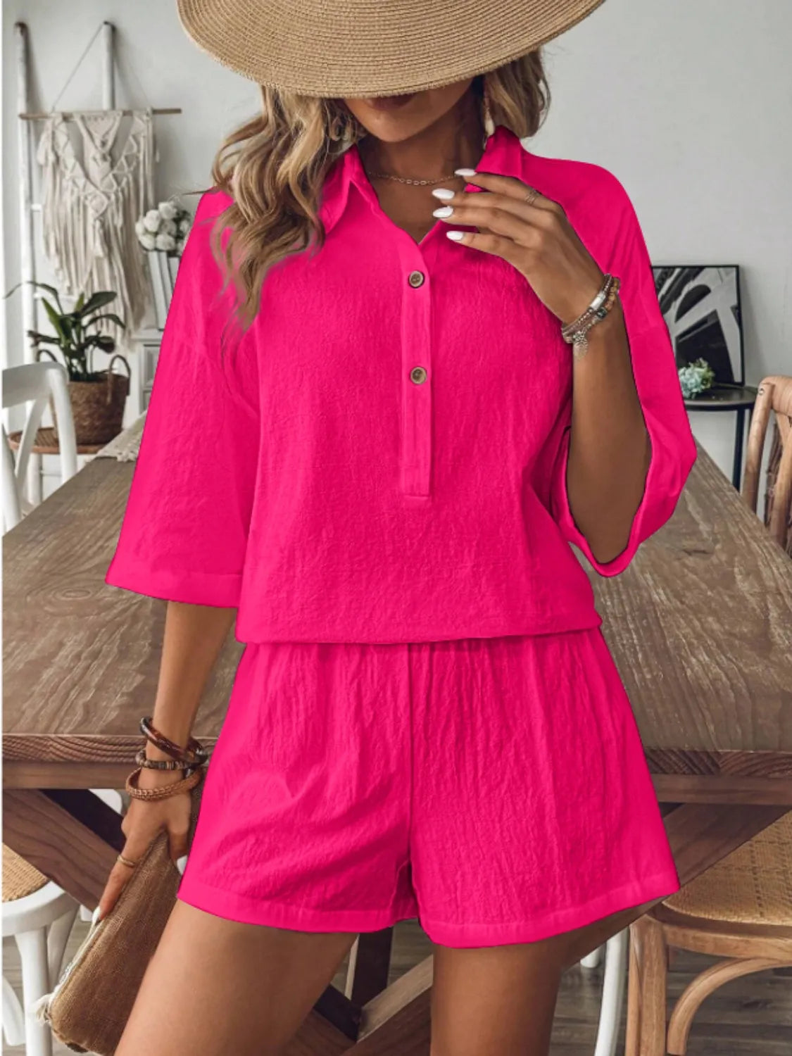 Collared Neck Half Sleeve Top and Shorts Set - kinko