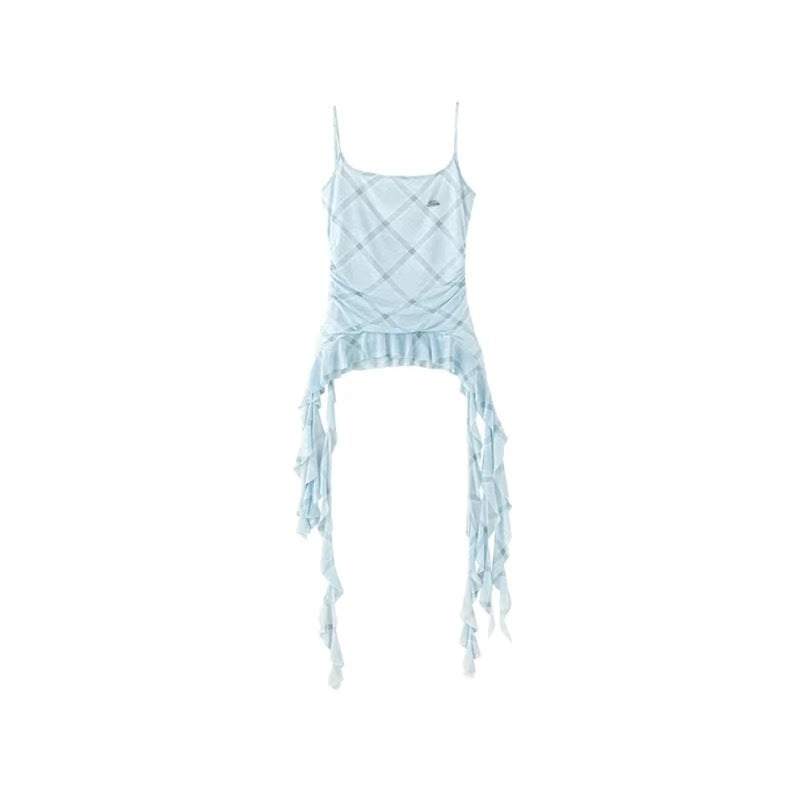 Blue Suit Mesh Stretch Slim Strap Top Lace Cake Dress - kinko