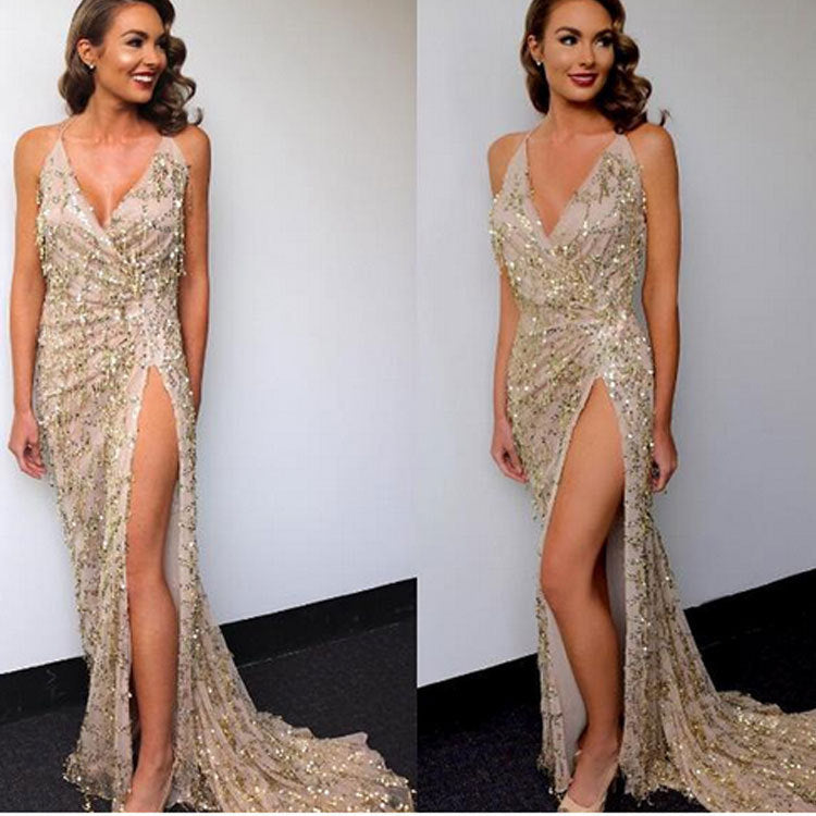 V-neck Sexy Halter Strap Sequin Dress - kinko