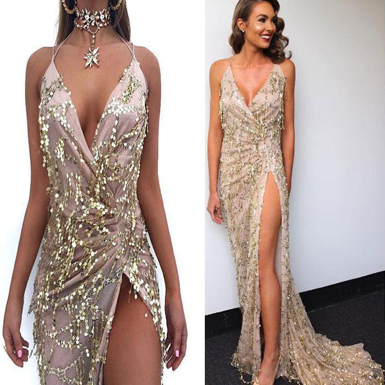 V-neck Sexy Halter Strap Sequin Dress - kinko