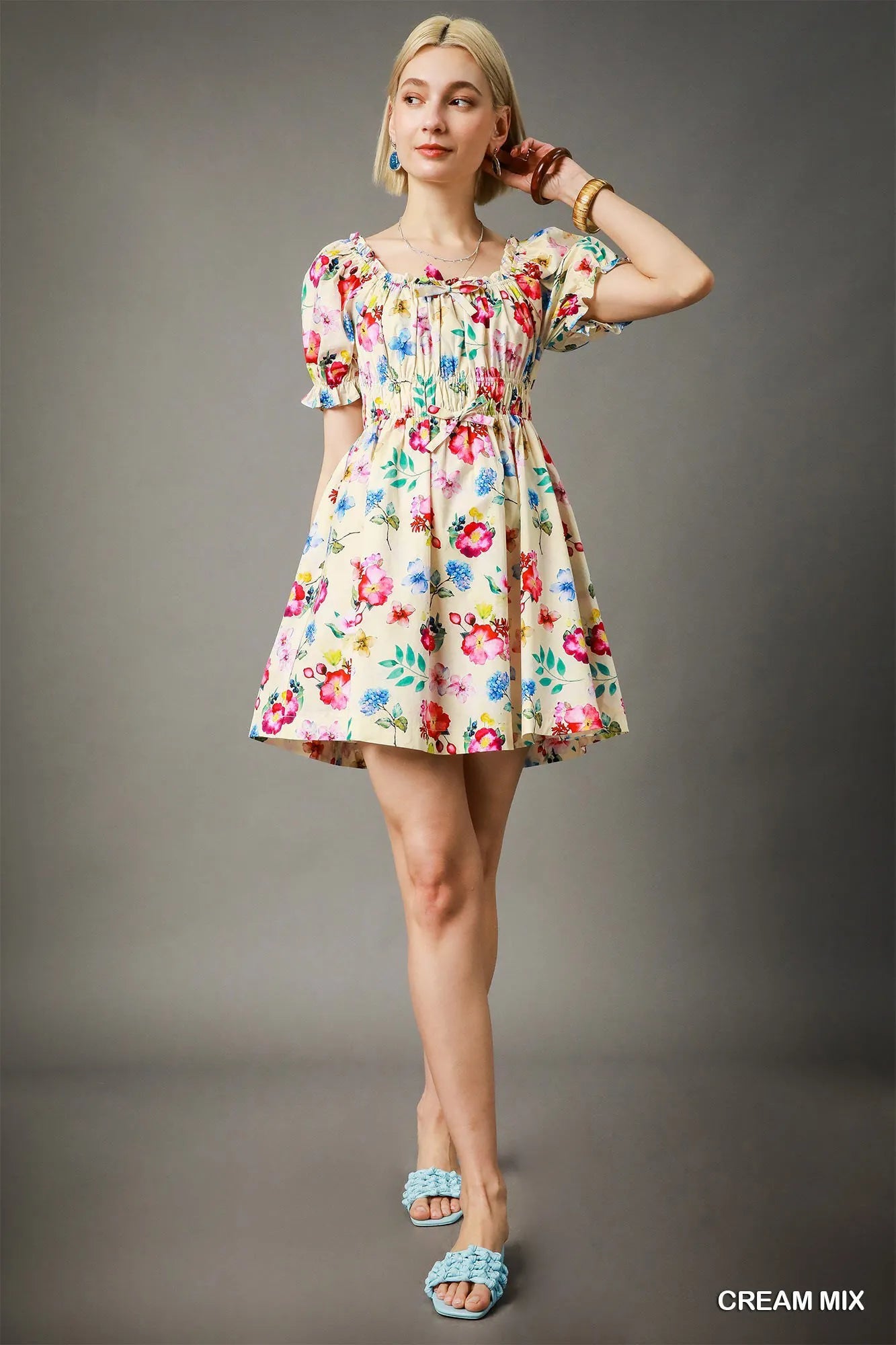 Umgee Floral Print Puff Sleeve Mini Dress - kinko