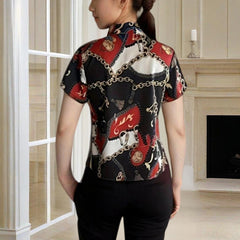 Women's Lapel Collar Short Sleeve Shirt - Chain Print Design, Button-Up Casual Top Comfortable Summer Wear - kinko