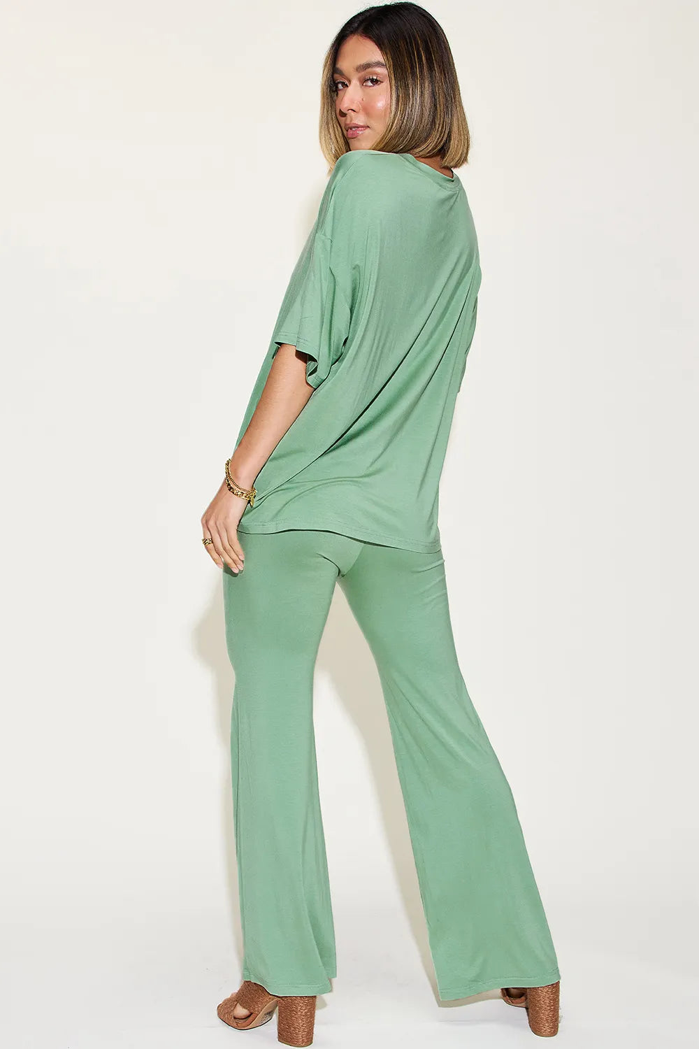 Basic Bae Full Size Bamboo Drop Shoulder T-Shirt and Flare Pants Set - kinko