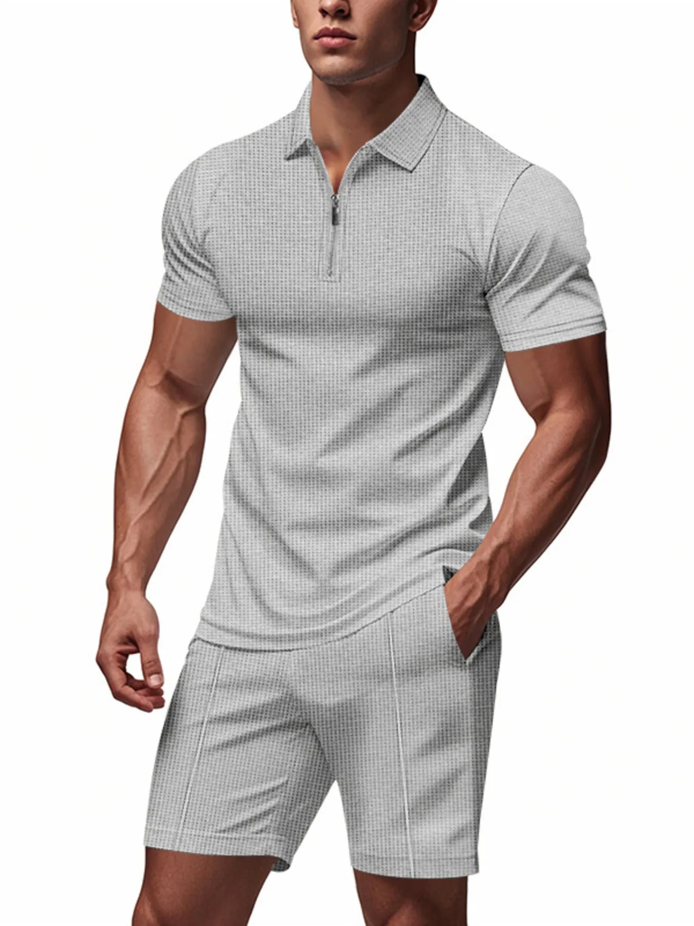 Men's Plus Size Quarter Zip Short Sleeve Top and Shorts Set - kinko