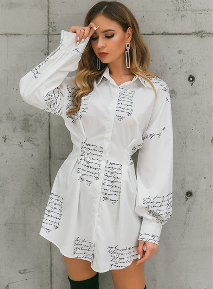Print shirt dresses with a tight waist - kinko