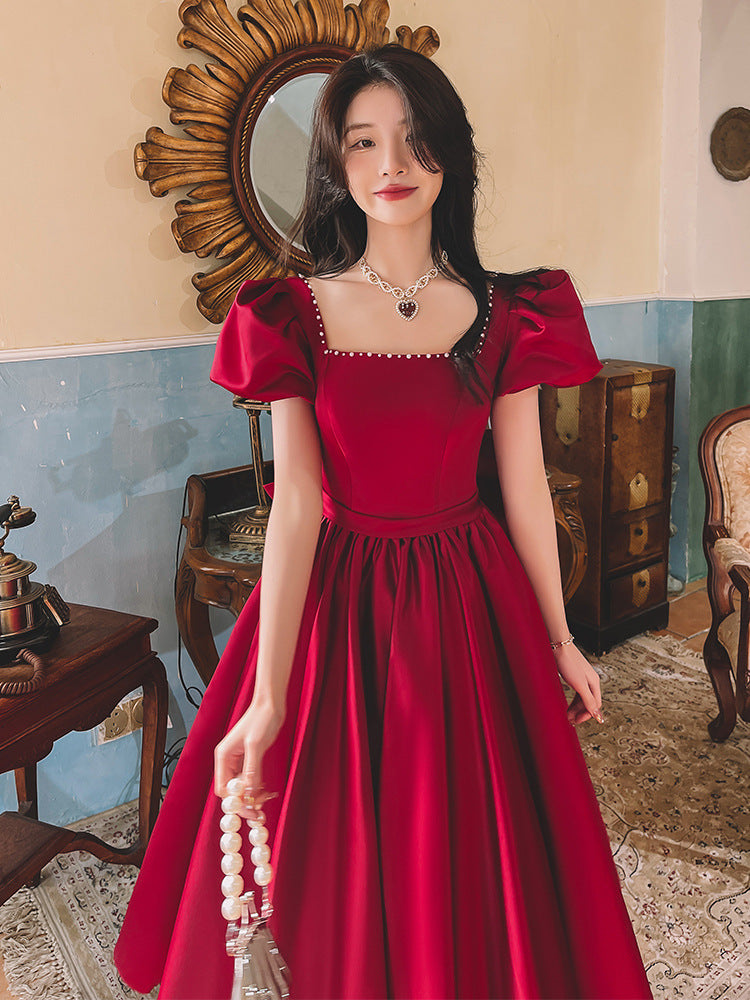 Winter Wine Red Engagement Daily French Princess On The Run Satin Dress - kinko