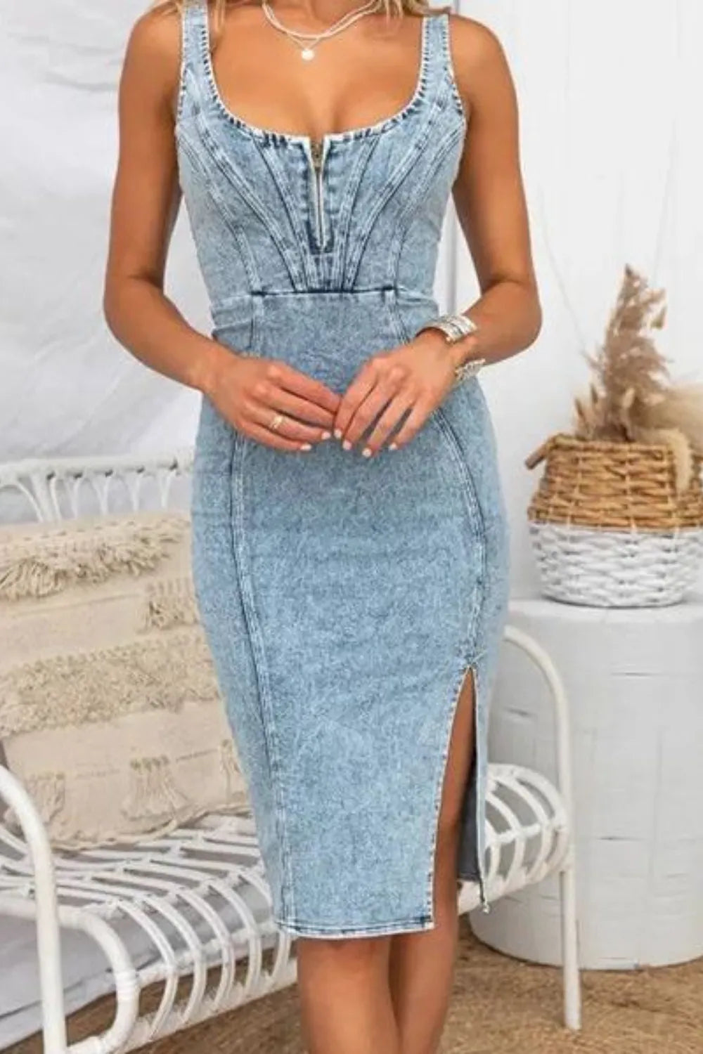 Side Slit Washed Scoop Neck Denim Dress - kinko