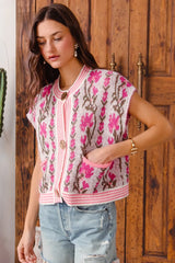 SO ME Button Front Floral and Stripe Knitted Sweater Vest - kinko