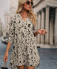 Allover Print Roll Up Sleeve Dress Ladies Casual High Low Long Sleeve V Neck Regular Fit Short Apricot Roll Up Sleeve All Over Print Tunic Women Short Dresses - kinko