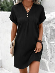 Fashion V-neck Short-sleeved Dress Casual Solid Strip Button Dresses Womens Clothing - kinko