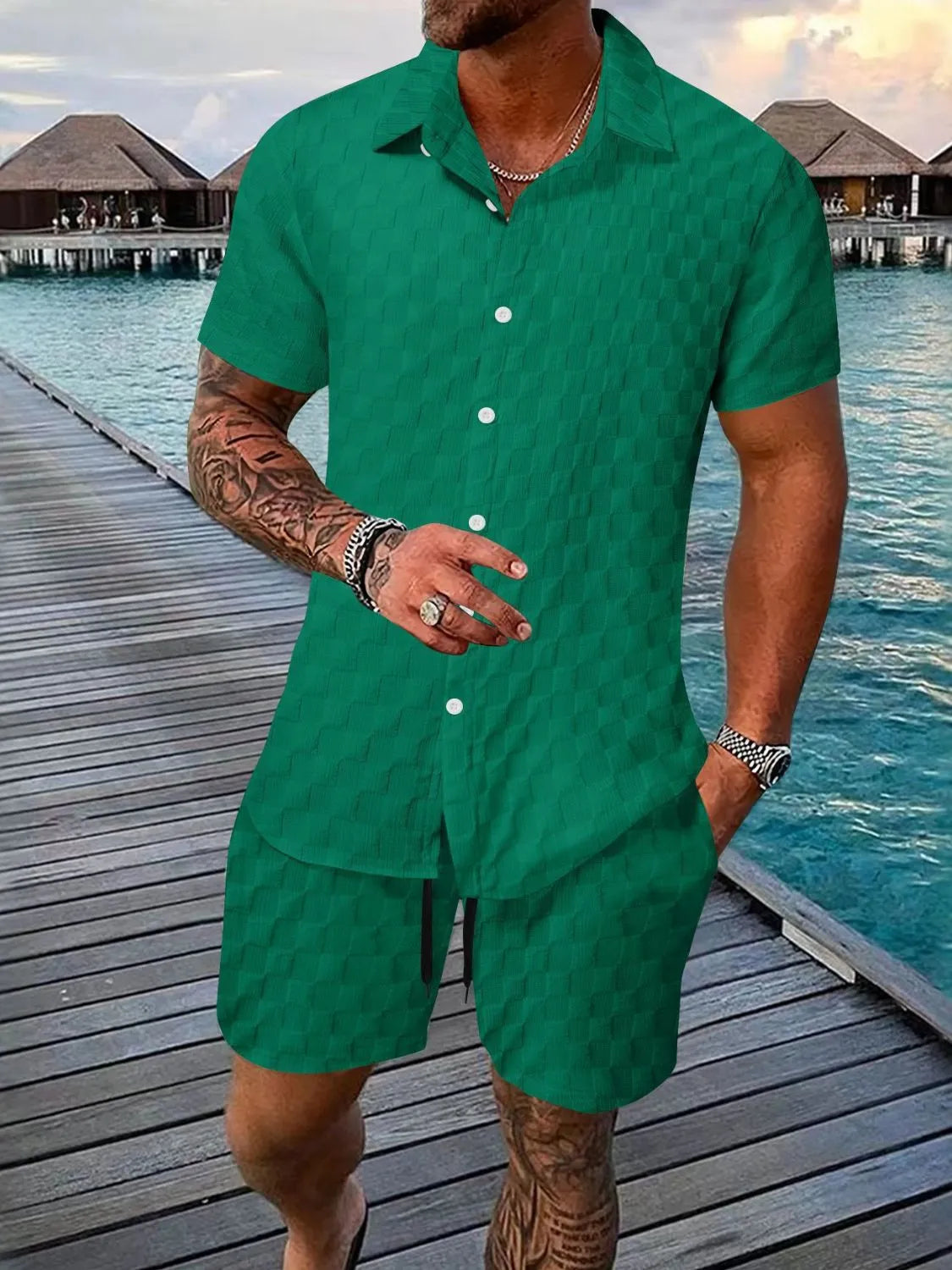 Men's Full Size Collared Neck Short Sleeve Top and Shorts Set Plus Size - kinko